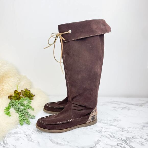 Sperry Top Sider Longpoint Brown Suede Leather Plaid Knee High Moc Boots Sz 8.5 - Picture 1 of 5